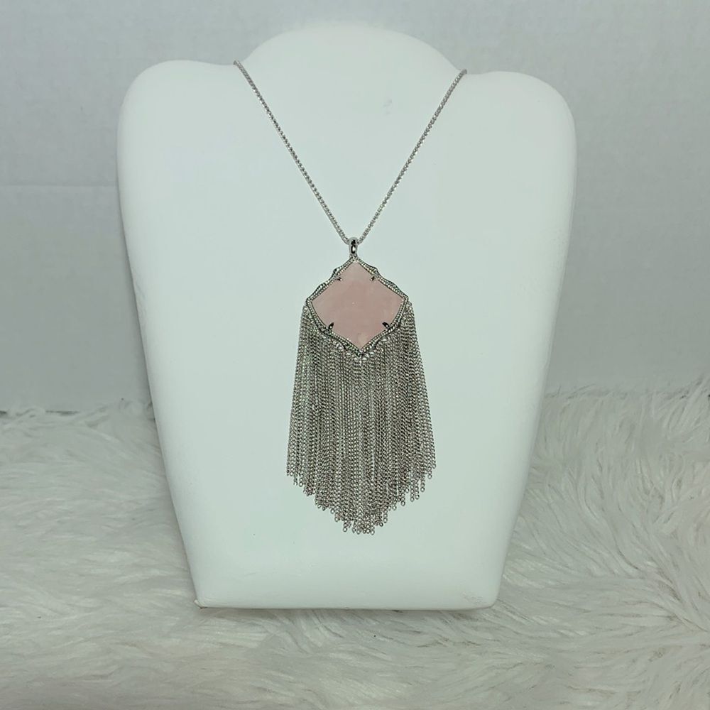 KENDRA Scott Kingston Necklace Faceted Rose Quartz Pendant Silver fringe/chain